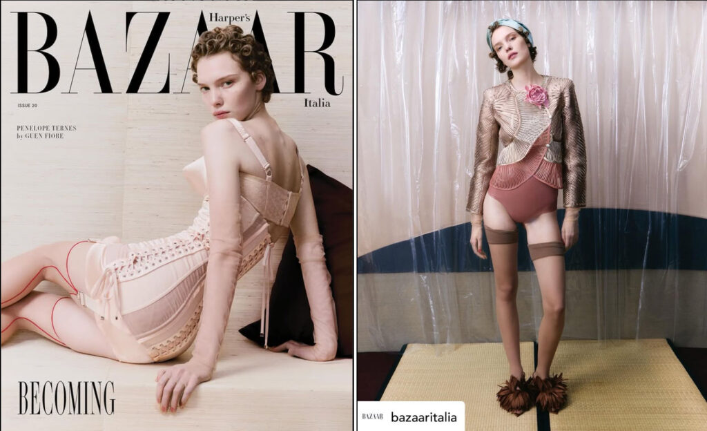 Scelta per essere pubblicata all'interno della rivista Harper's Bazaar con una spilla di seta