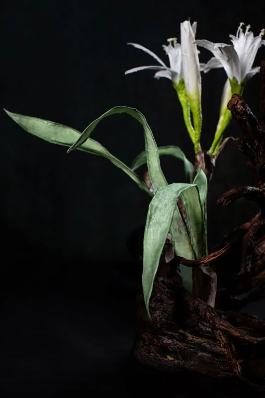Particolare delle foglie in seta verde con nervature modellate a mano integrate nella scultura botanica.