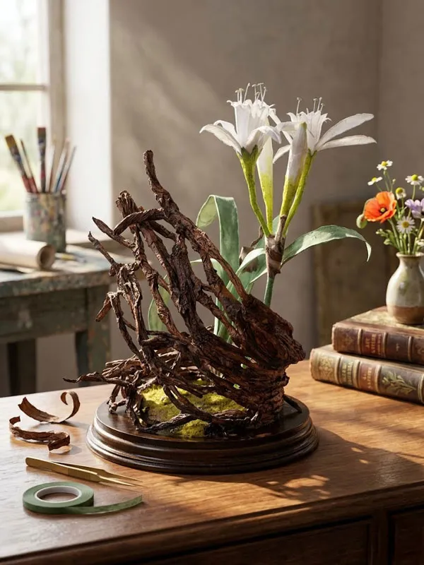L'opera scultorea Tra le Radici la Luce esposta su una credenza in legno in un salotto moderno luminosa.