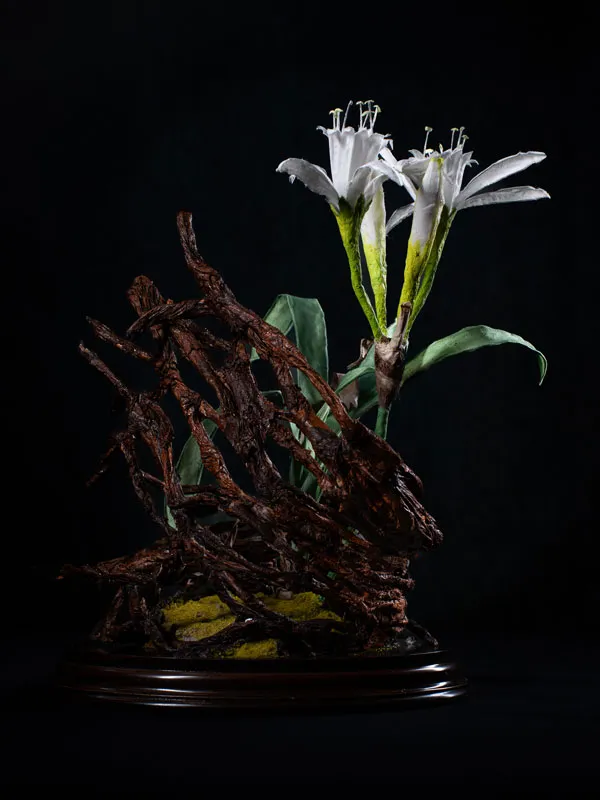 Composizione floreale scultorea con gigli di mare in seta e radici di carta riciclata su base di sabbia.