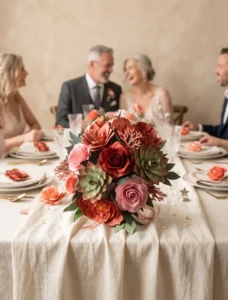 Bouquet nozze di corallo con rose di carta corallo e rosa, peonie avorio e piante grasse verdi, fatto a mano da Jessica Ciaffarini