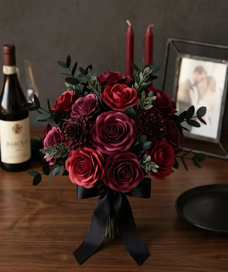 Bouquet di rose rosse profonde e cremisi di carta per le nozze di rubino - 40 anni matrimonio
